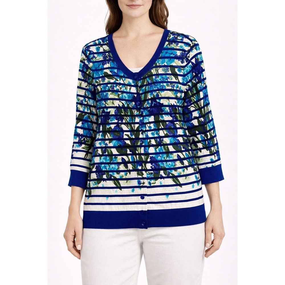Talbots Cardigan Women's XL Blue Floral Stripe Button Front 3/4 Sleeve Knit